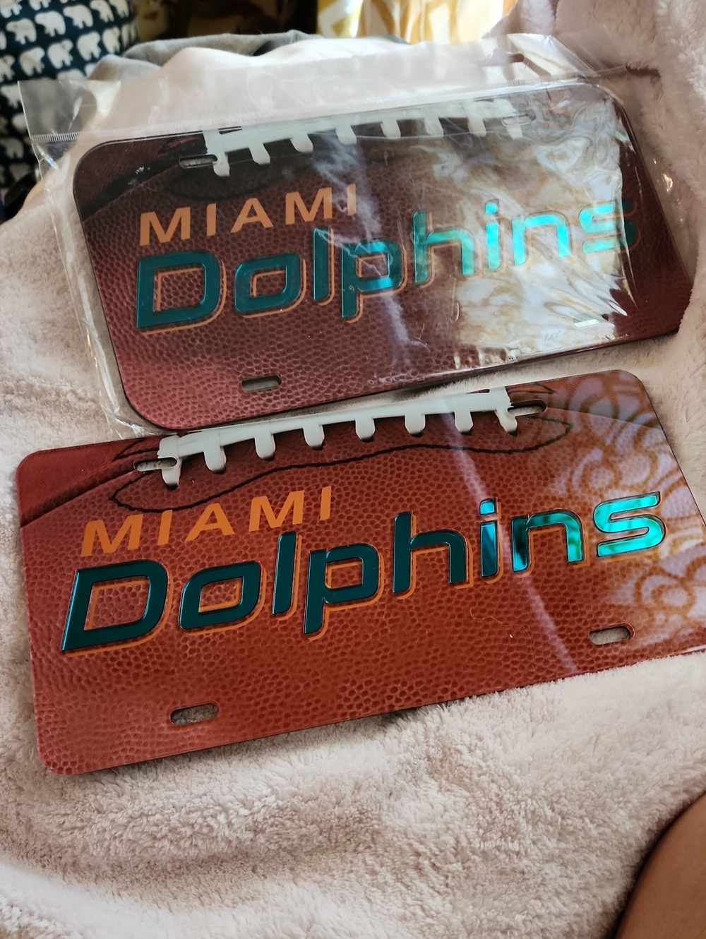 Miami Dolphins Brown Football With Mirror Letters Vanity Plate. Set Of 2